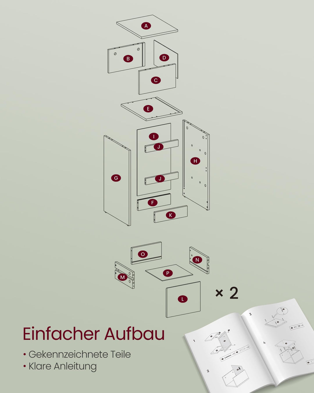 Nachttisch schmal 2er Set mit 2 Schubladen grifflos Wolkenweis - Bild 7