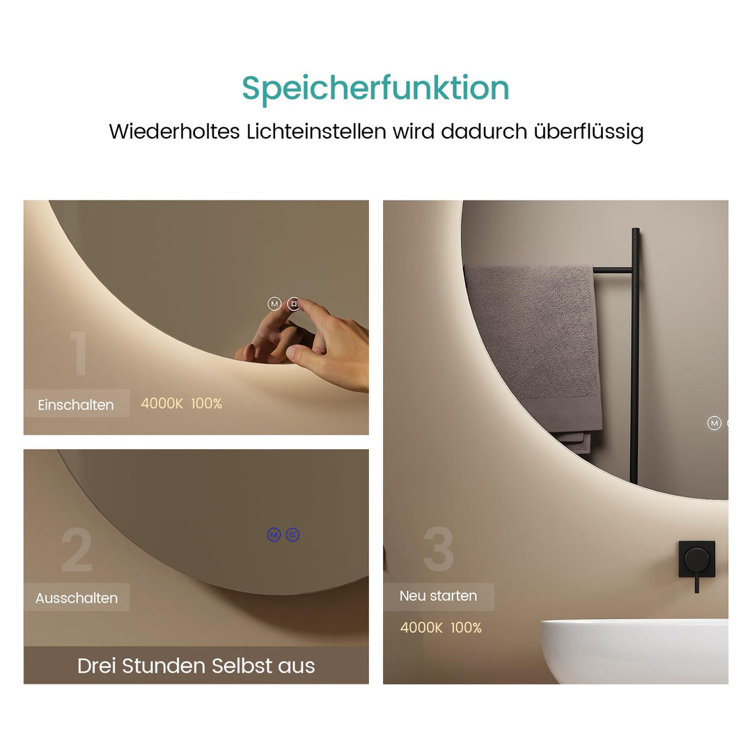Badspiegel Rund mit LED-Beleuchtung dimmbar 80 cm rahmenlos - Bild 7