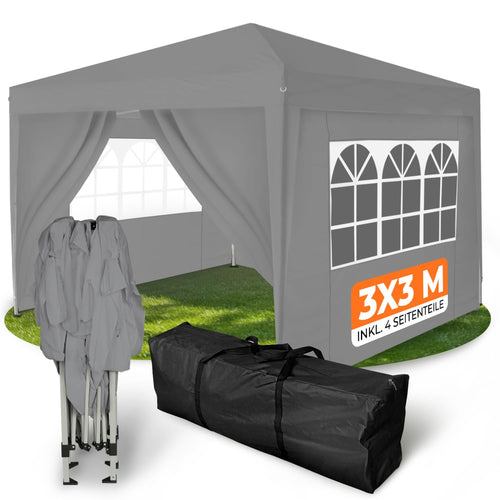 Faltpavillon 3x3 m wasserdicht UV50+ Stahl mit 4 Seitenteilen Grau