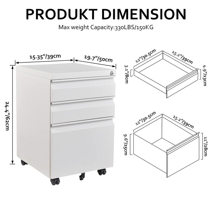 Rollcontainer Stahl abschliessbar 3 Schubladen 39x50x62 cm Weiss - Bild 3