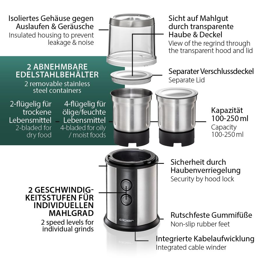 Elektrische Kaffee- und Gewürzmühle 350W 2 Edelstahlbehälter - Bild 4