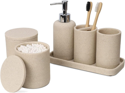 Badezimmer-Set 6-teilig Polyresin Marmor-Optik sandfarben