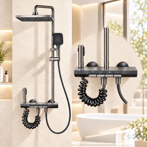 Duschsystem mit Wannenarmatur 4-in-1 Schwarz-Titangrau höhenverstellbar