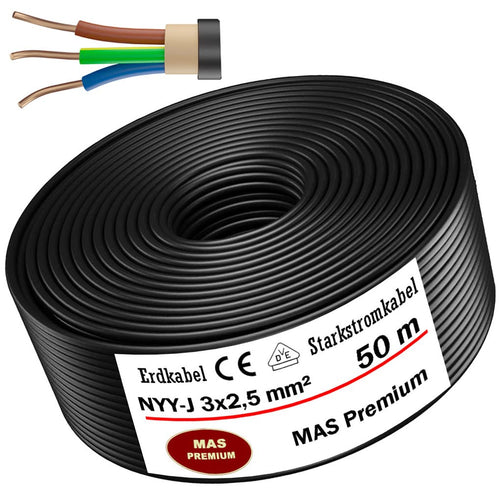 Erdkabel NYY-J 3x2,5 mm² Starkstromkabel 50m Ring schwarz