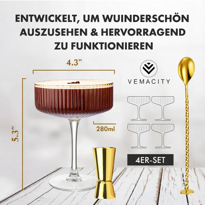 Cocktailgläser Set 4er geripptes Glas 300ml mit Goldrand &amp; Zubehör - Bild 7