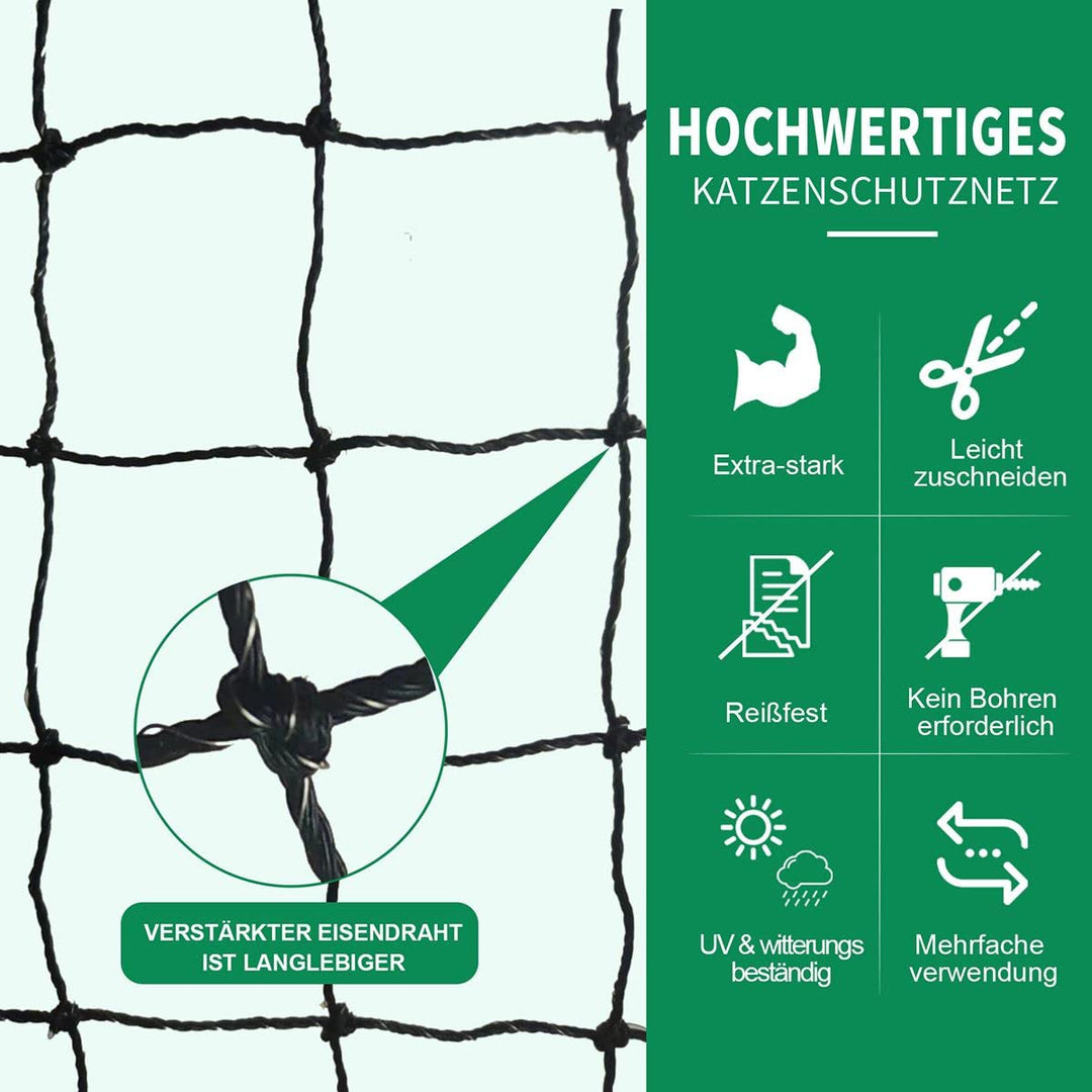 Katzennetz Balkon drahtverstärkt HDPE+Edelstahl 10x2m Schwarz - Bild 4