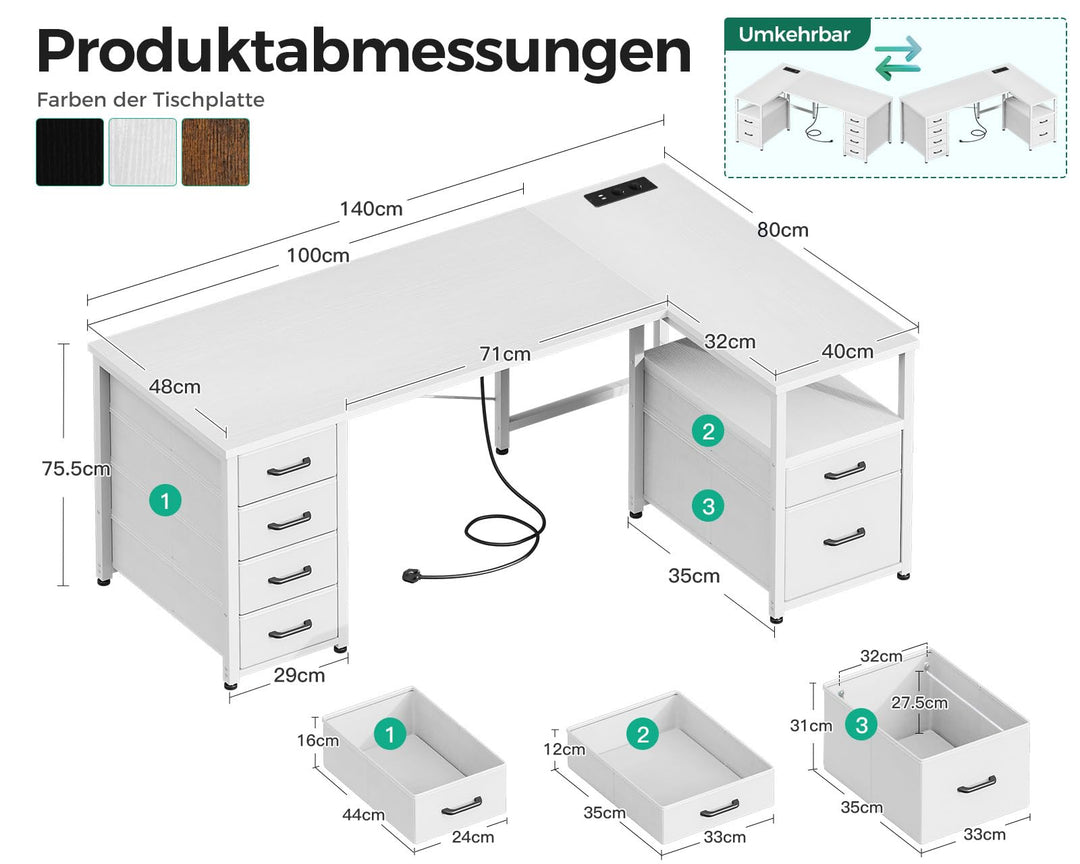 Eckschreibtisch 140x80 cm mit Steckdose und 6 Schubladen, Weiss