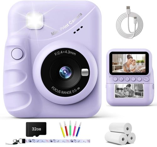 Kinderkamera Sofortbildkamera 48MP 1080P mit Druckfunktion, Lila