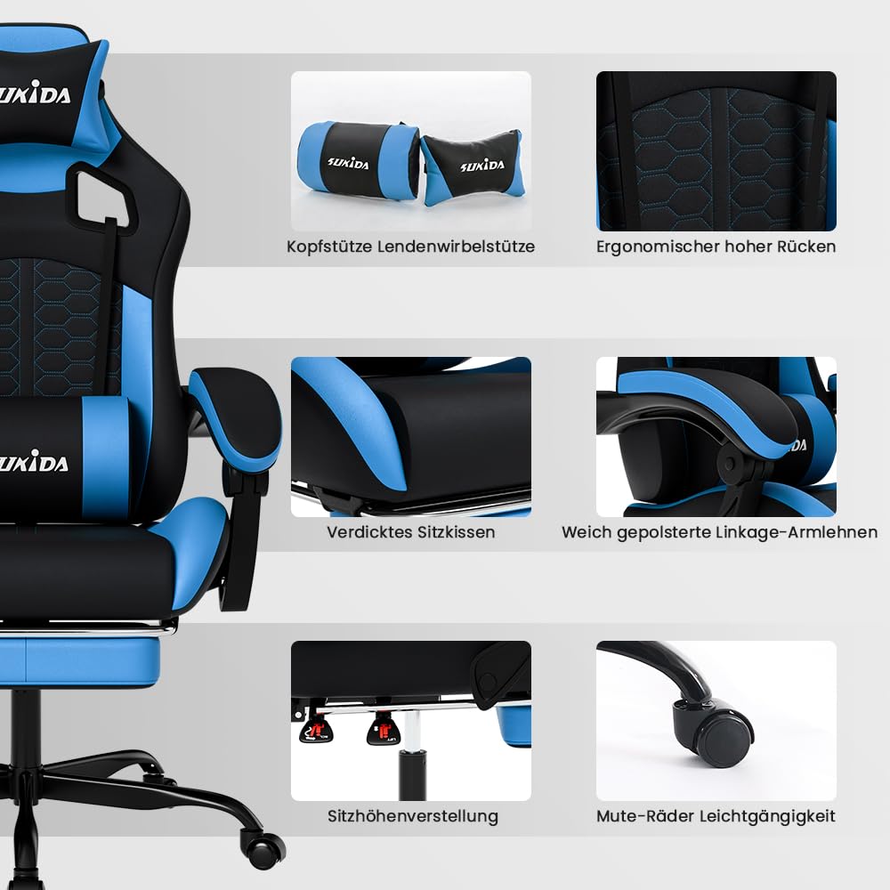 Gaming Stuhl mit Fussstütze Kunstleder Höhenverstellbar 150 kg Homeoffice - Bild 7