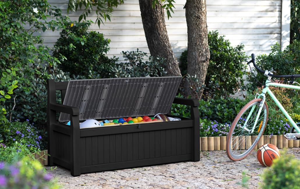 Gartenbank mit Stauraum 265 L Kissenbox Holzoptik 2-Sitzer grau - Bild 2