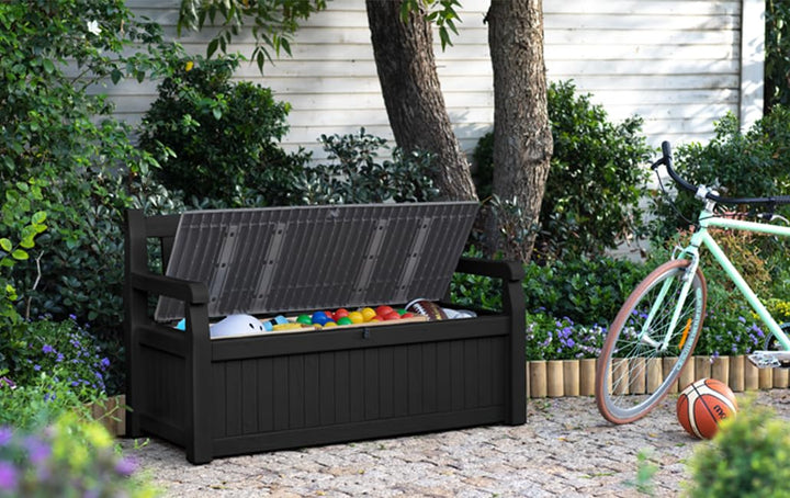 Gartenbank mit Stauraum 265 L Kissenbox Holzoptik 2-Sitzer grau - Bild 2