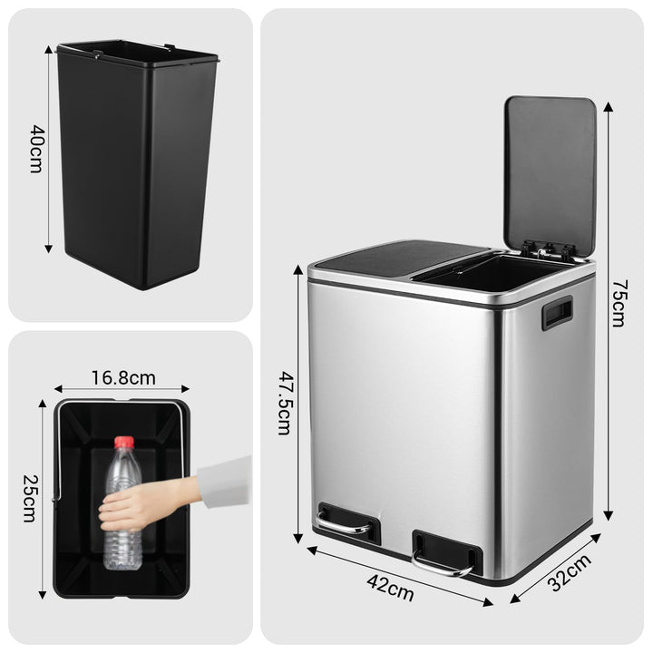 Mülleimer Doppelfach 30L Edelstahl Soft-Close Treteimer - Bild 3
