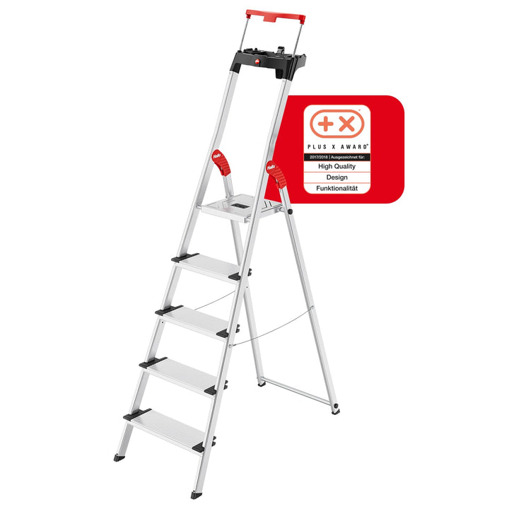 Alu-Stehleiter 5 Stufen bis 150 kg mit Haltebügel und Ablage