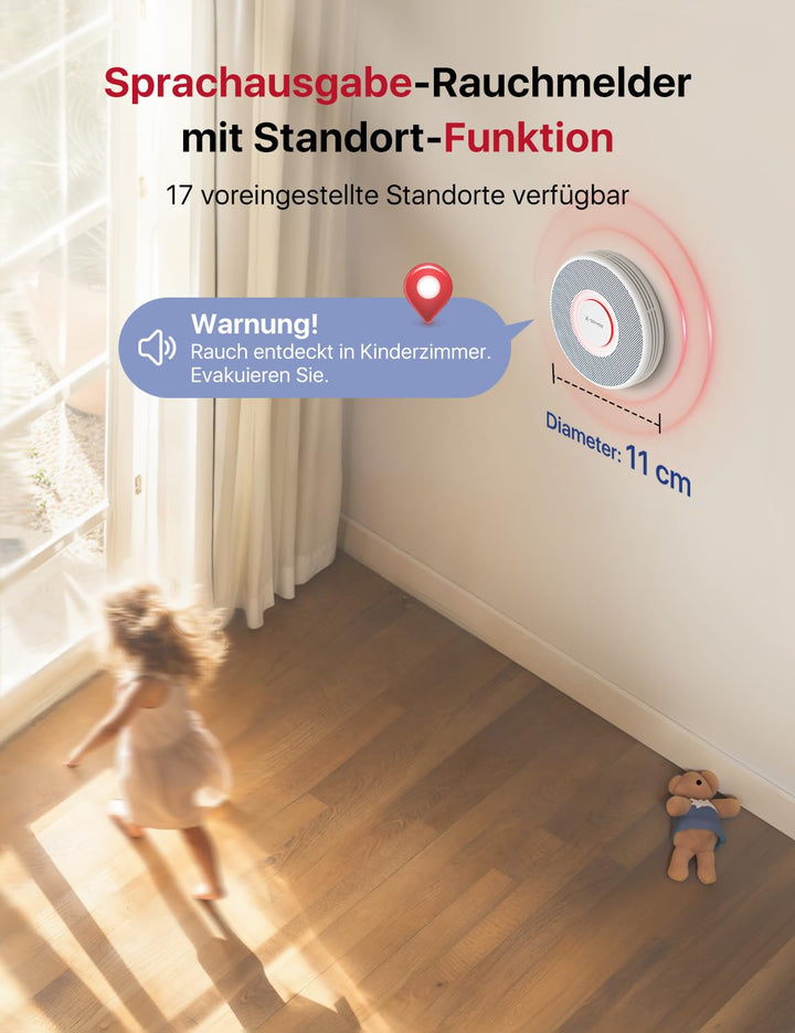 Rauchmelder WLAN mit Sprachausgabe 17 Standorte vernetzt, 3 Stück - Bild 3