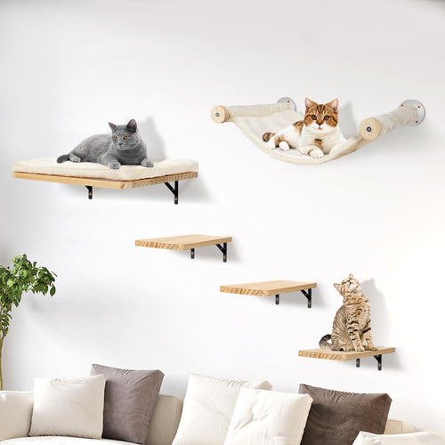 Katzen Kletterwand Set Massivholz 5-teilig mit Hängematte Wandmontage