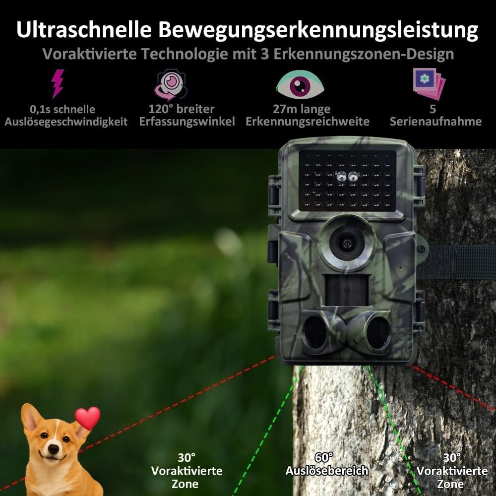 Wildkamera 60 MP 4K mit Nachtsicht 120° Erfassungswinkel IP66