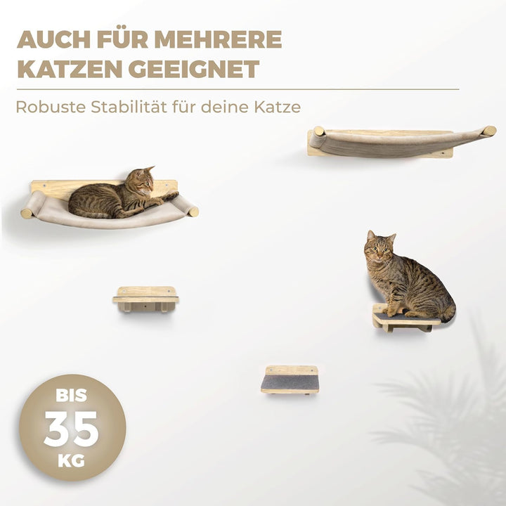 Katzen-Kletterwand 5-teilig Naturholz mit 2 Hängematten &amp; 3 Treppen - Bild 3
