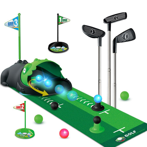 Kinder Golf-Spielset mit Dino-Ballrückgabe, LED-Bälle, 3 Schläger