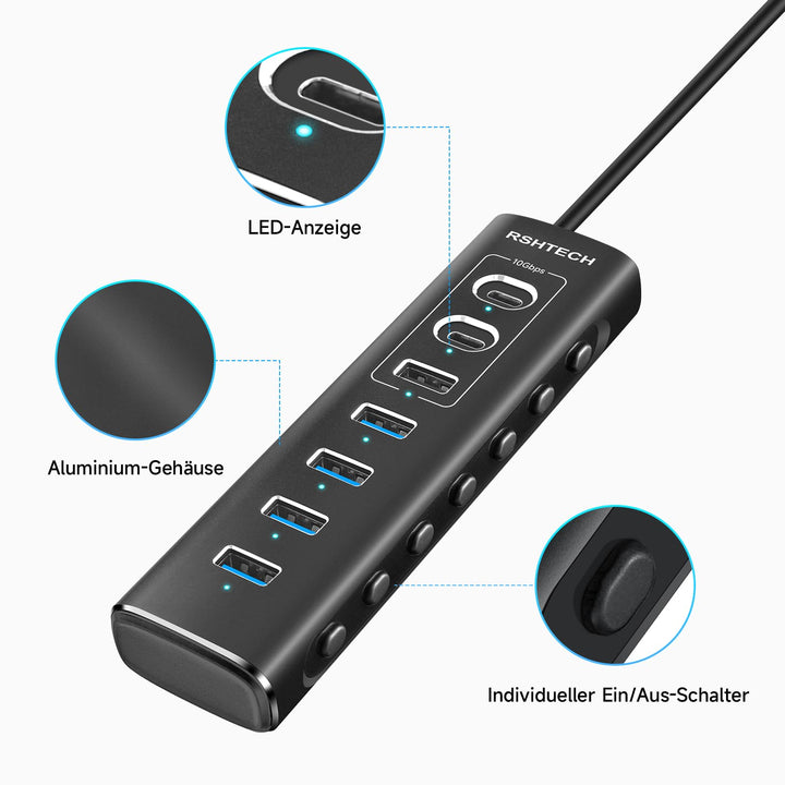 USB-Hub 7-Port mit Netzteil, Einzelschalter, 10 Gbps, Aluminium - Bild 6