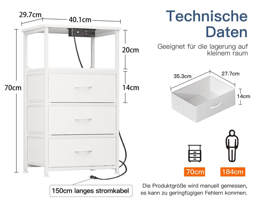 Nachttisch Stoff weiss mit LED, 2 USB, 1 Steckdose, Schublade - Bild 5