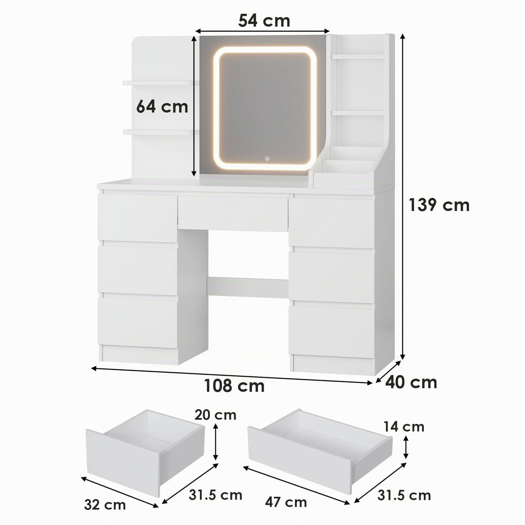 Schminktisch mit LED-Spiegel 7 Schubladen Schlafzimmer Weiss - Bild 6