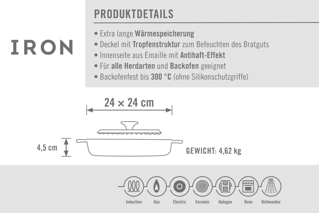 Gusseisen Grillpfanne viereckig 24x24 cm mit Steakpresse Induktion - Bild 6