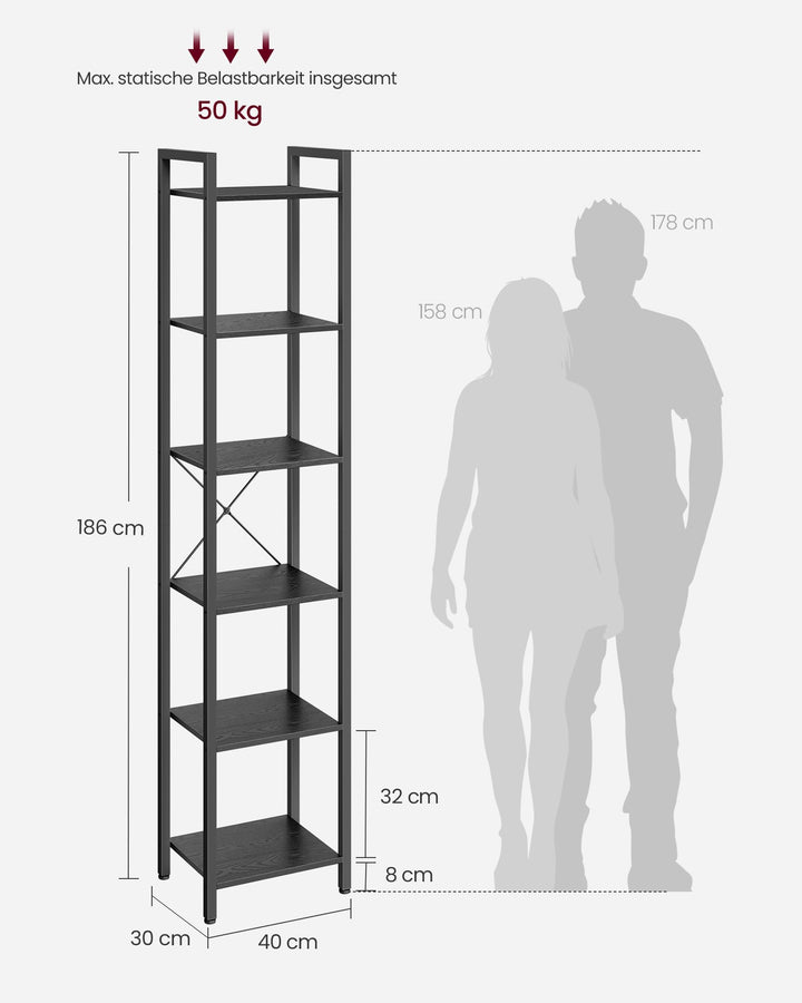 Bücherregal Industrial 6 Ebenen Stahl-Holz schmal 186 cm - Bild 5