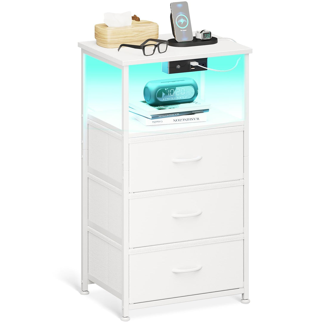 Nachttisch Stoff weiss mit LED, 2 USB, 1 Steckdose, Schublade