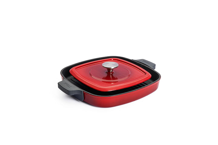 Gusseisen Grillpfanne viereckig 28x28 cm mit Rillen, Steakpresse &amp; Silikongriff