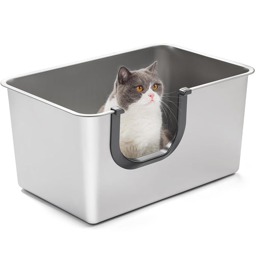 Katzentoilette Edelstahl XXL offen mit hohem Rand Vordereingang