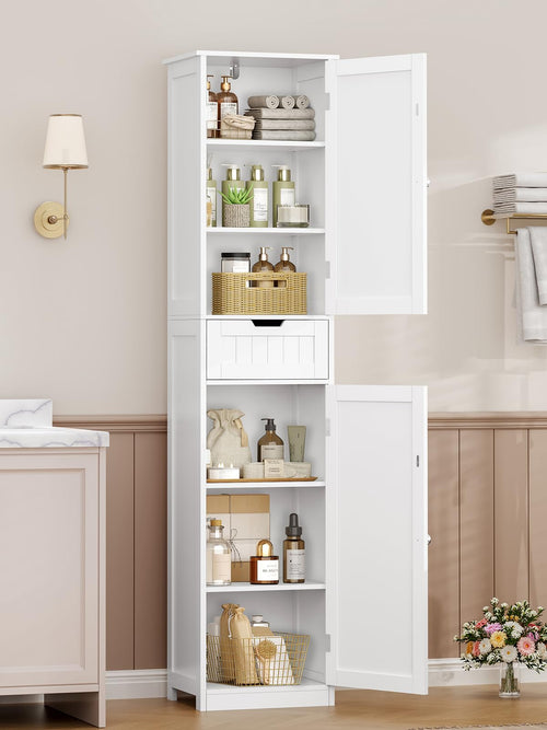 Badezimmerschrank Schmal Weiss 40x30x170 cm mit Schublade