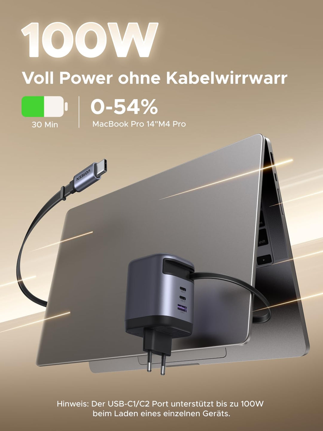 USB-C Ladegerät 100W GaN 4-Port mit einziehbarem Kabel 75cm - Bild 2