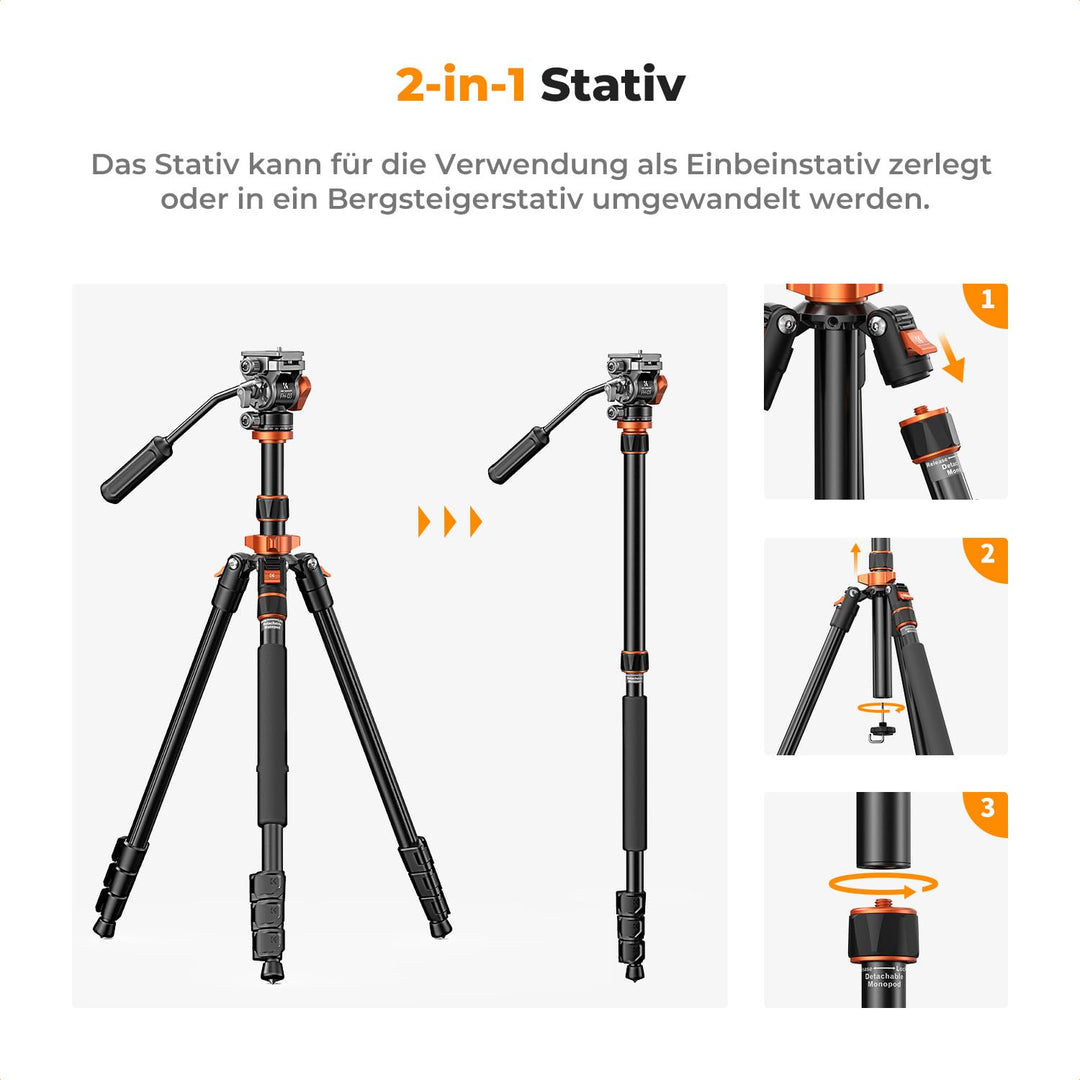 Videostativ mit Fluidkopf 200cm ausziehbar Einbeinstativ-Funktion - Bild 6