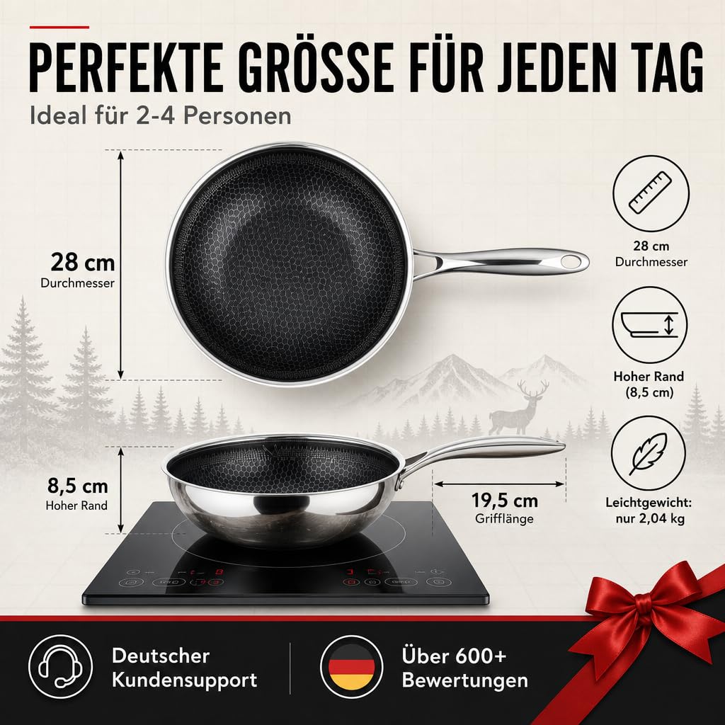 Wokpfanne 28cm Keramik-Antihaft Wabenbeschichtung Induktion - Bild 3