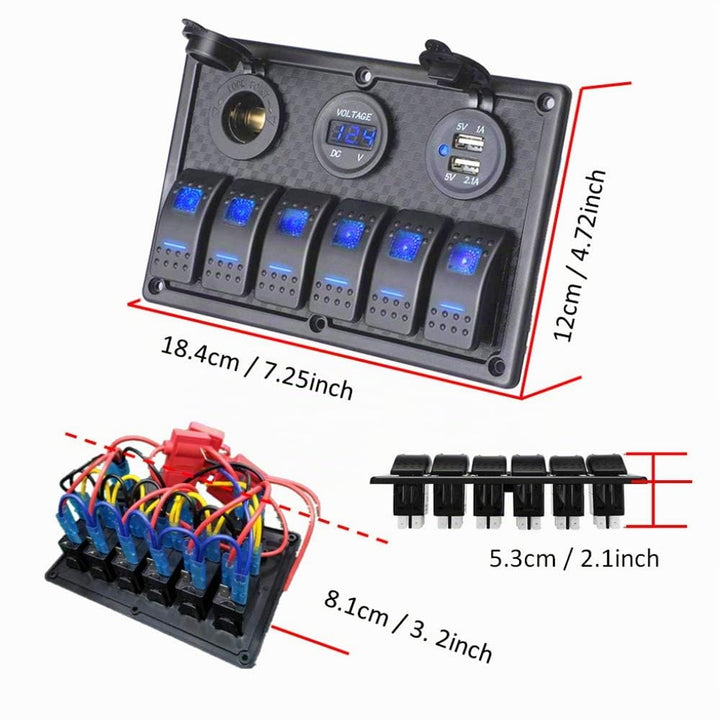 Schalttafel 6-fach 12V-24V IP65 mit USB, Voltmeter und Zigarettensteckdose - Bild 2