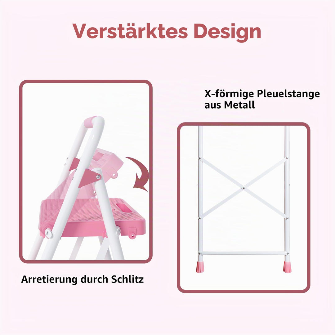 Trittleiter 3 Stufen klappbar Stahl 150 kg rosa mit Antirutsch - Bild 6