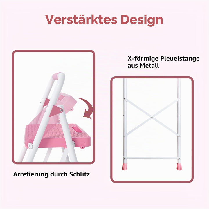 Trittleiter 3 Stufen klappbar Stahl 150 kg rosa mit Antirutsch - Bild 6