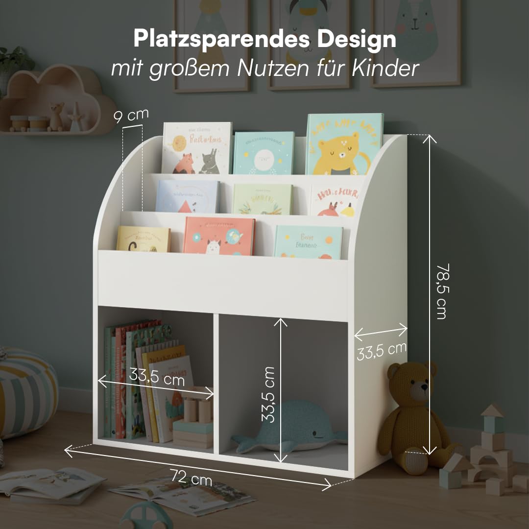 Kinderbücherregal Holz Weiss 3 Fächer mit 2 Ablagefächern Montessori - Bild 7