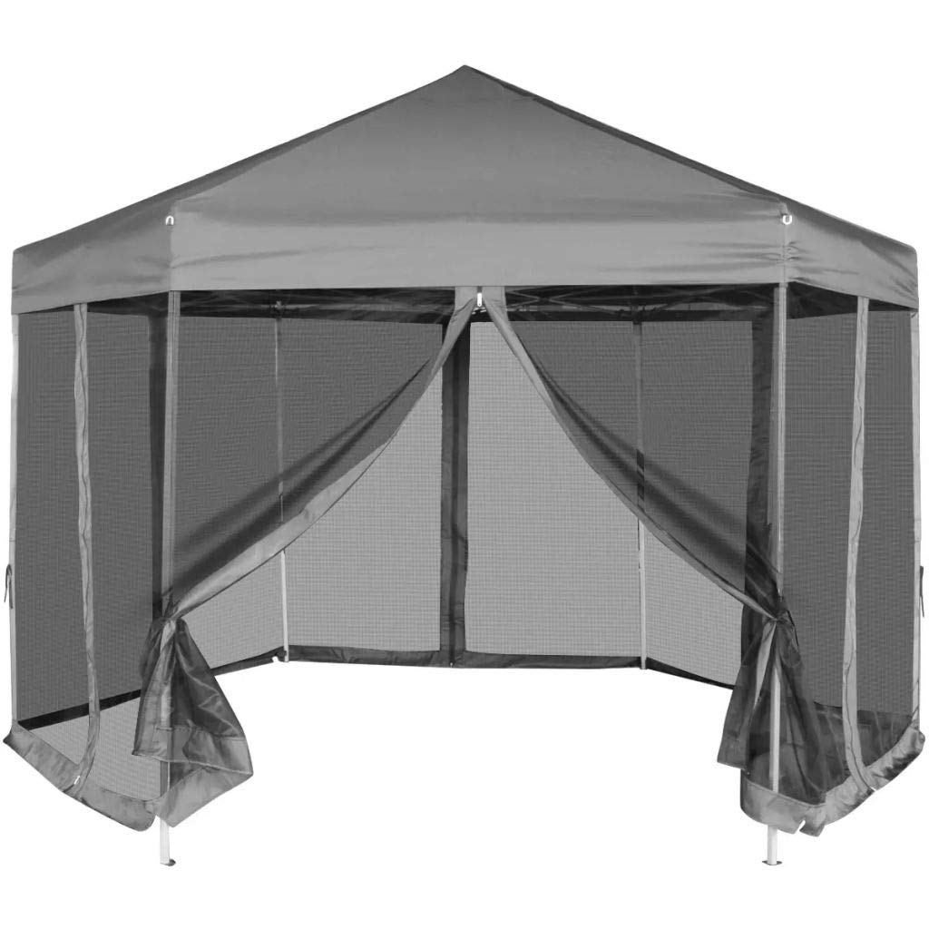 Pavillon Sechseckig Pop-Up 3,6x3,1m Stahl wasserfest Grau