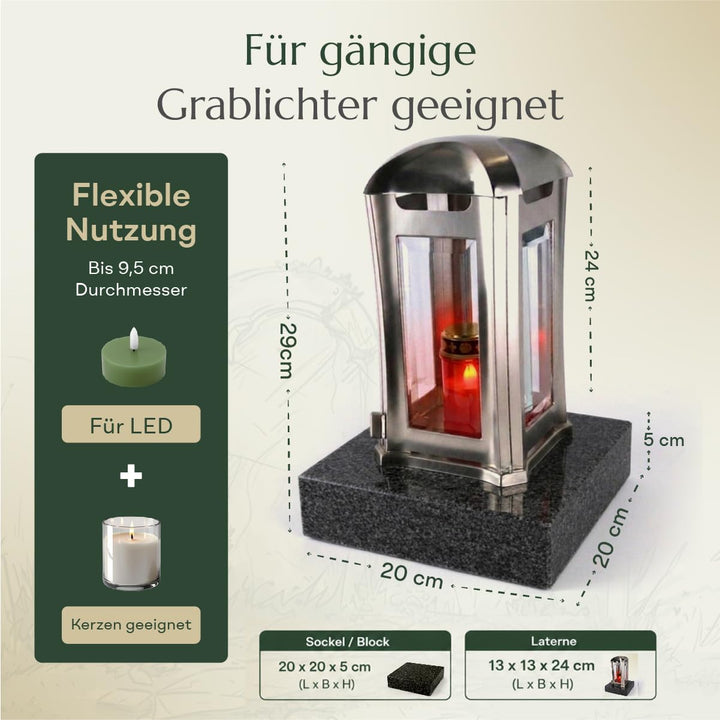 Grablampe Edelstahl gebürstet mit Granitsockel Nero Impala 13×13×24 cm - Bild 3