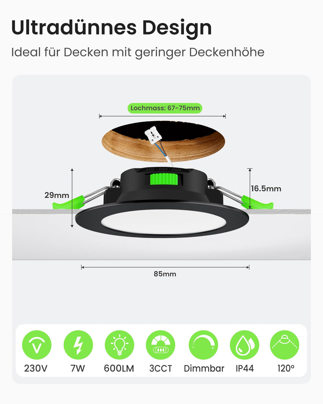 LED Einbaustrahler 7W dimmbar IP44 3 Farbtemperaturen 6er Set - Bild 2