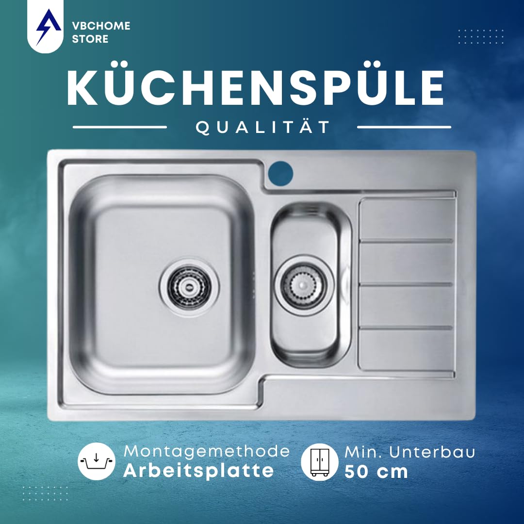 Einbauspüle Edelstahl 79x50 cm 1,5 Becken mit Abtropffläche rechts - Bild 5