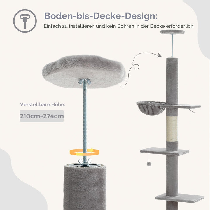 Kratzbaum Boden bis Decke höhenverstellbar 216-273 cm für 2-4 Katzen - Bild 4