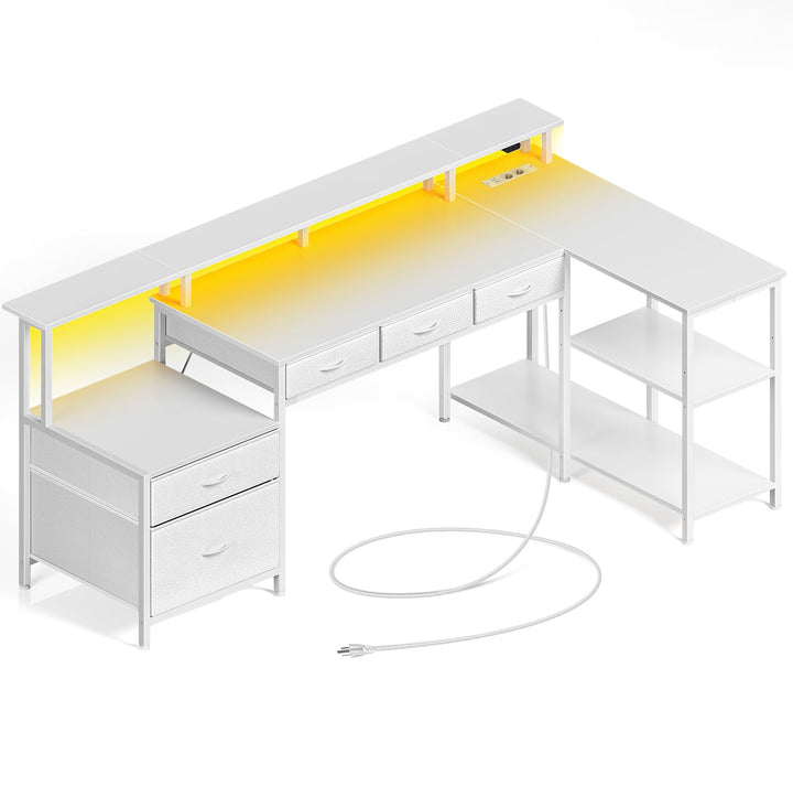 Eckschreibtisch L-Form 163 cm mit Schubladen, Steckdose &amp; RGB-LED