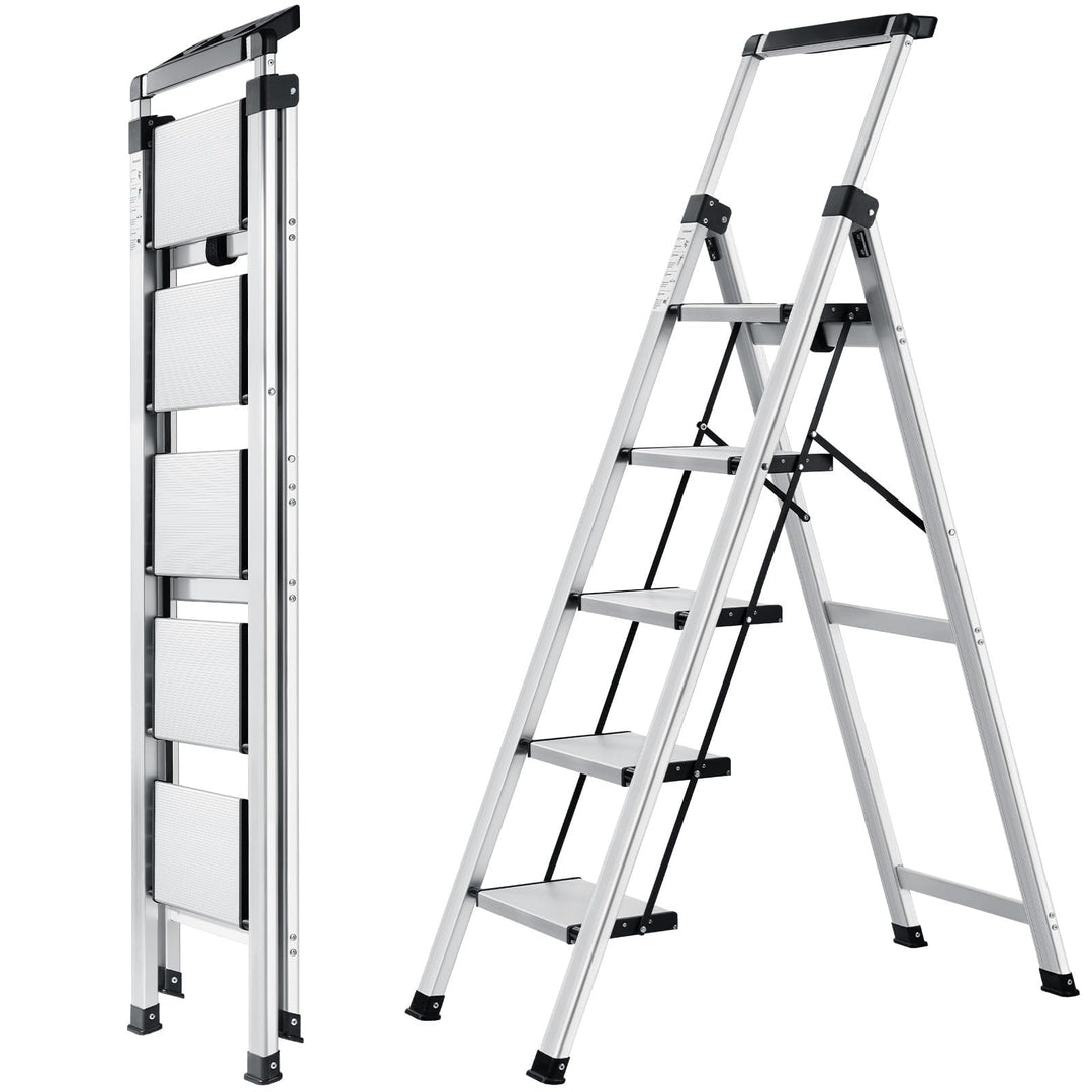 Trittleiter 5 Stufen klappbar Aluminium mit ausziehbarem Handlauf