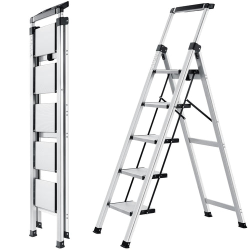 Trittleiter 5 Stufen klappbar Aluminium mit ausziehbarem Handlauf