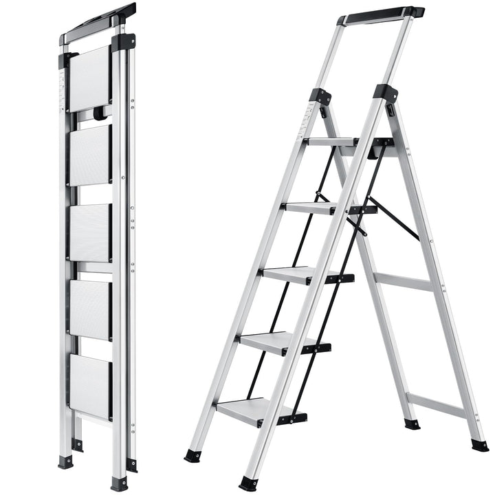 Trittleiter 5 Stufen klappbar Aluminium mit ausziehbarem Handlauf