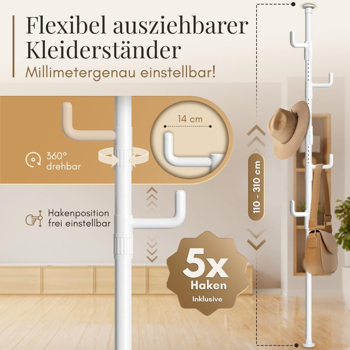 Garderobenständer Teleskop Metall 110–310 cm mit 5 Haken höhenverstellbar - Bild 2