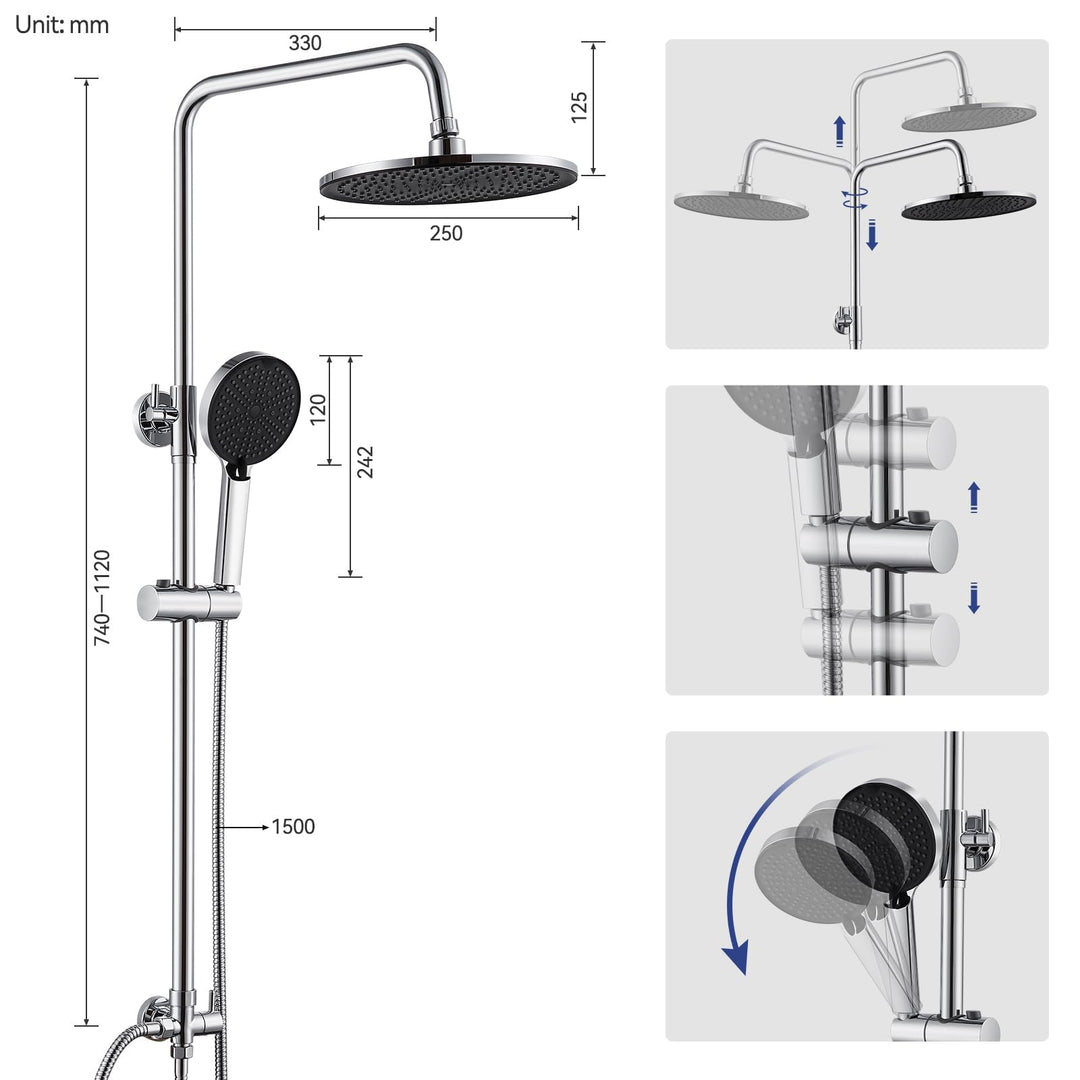 Regendusche Set Chrom ohne Armatur Ø250mm 4 Strahlarten höhenverstellbar - Bild 6