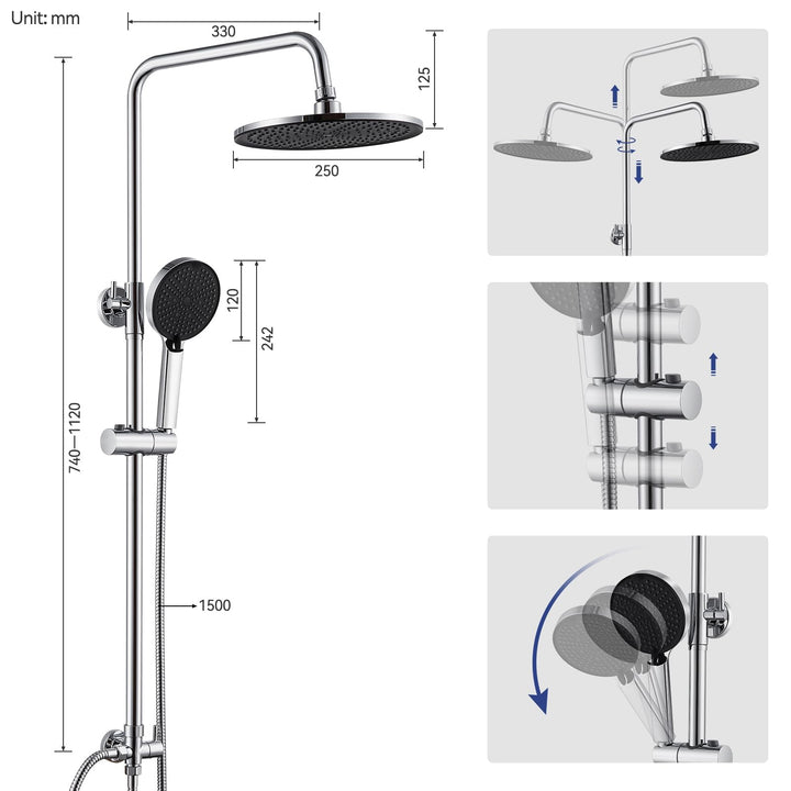 Regendusche Set Chrom ohne Armatur Ø250mm 4 Strahlarten höhenverstellbar - Bild 6